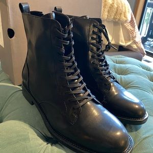 Black Granny Boot, lace up and zip up leather refined combat bootie